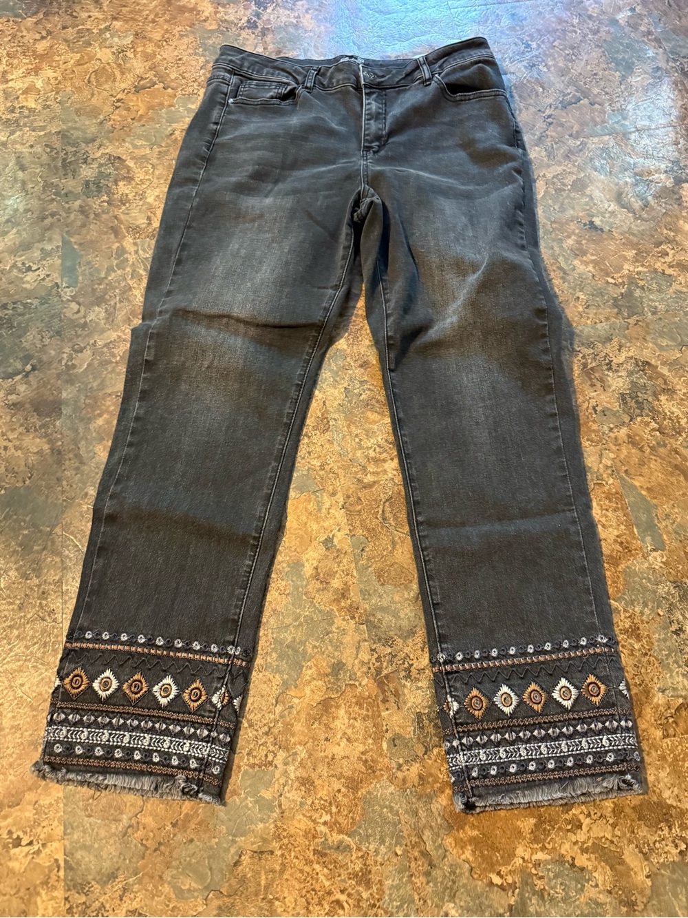 Charle Black Stretch Denim Jeans Embroidery Women's 12 Frayed Hem Y2K